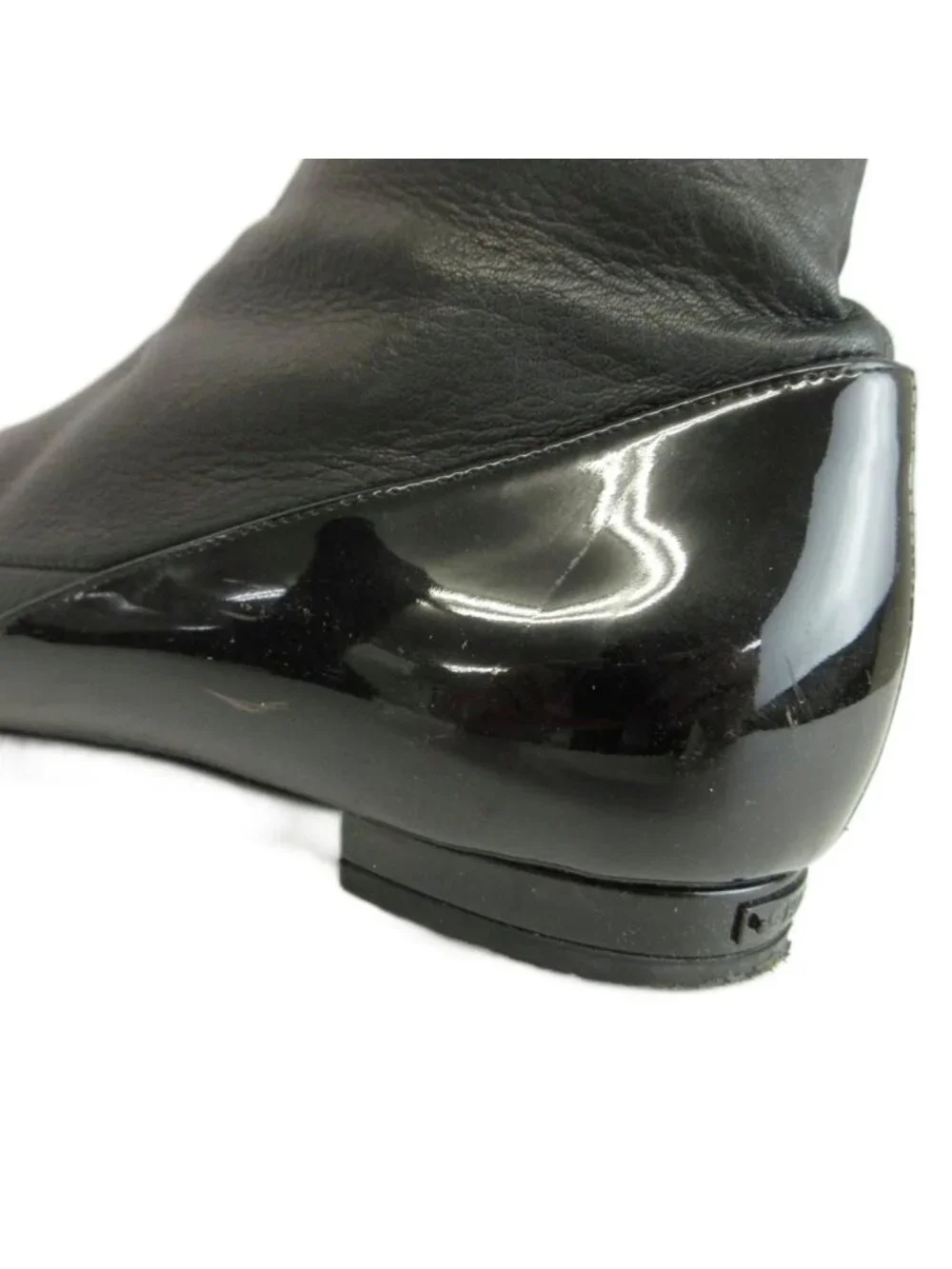 Chanel Long Boots Leather Patent Paneled Round Toe Flat CC Logo